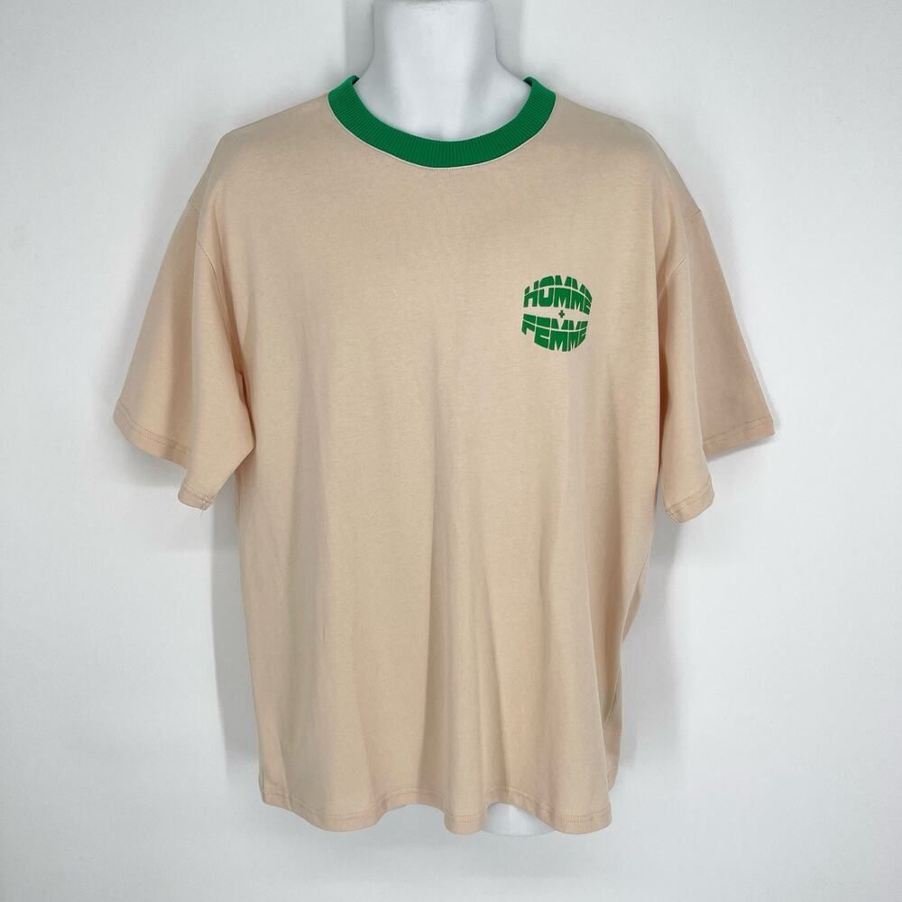 Homme + Femme NEW Core Logo Tee T-Shirt Mens Sz L Beige Green Heavy Cotton
